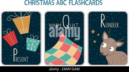 Colorful alphabet letters P, Q, R. Phonics flashcard. Cute Christmas themed ABC cards for teaching reading with funny presents, warm quilt, reindeer. Stock Vector