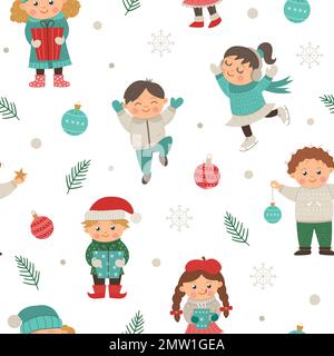 Vector seamless pattern with funny children in different poses with Christmas decor. Cute funny repeat background of new year symbols. Christmas flat Stock Vector