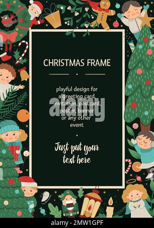 Vector Christmas vertical layout frame with children, Santa Claus, Angel on black background. Holiday themed banner or invitation. Cute funny New Year Stock Vector