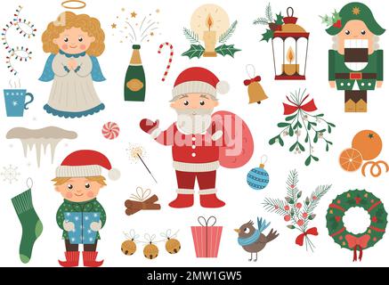 Vector set of Christmas elements with Santa Claus in red hat with sack, angel, nutcracker, elf isolated on white background. Cute funny flat style ill Stock Vector