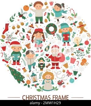 Vector Christmas round frame with children, Santa Claus, Angel on dark blue background. Holiday themed banner or invitation framed in circle. Cute fun Stock Vector