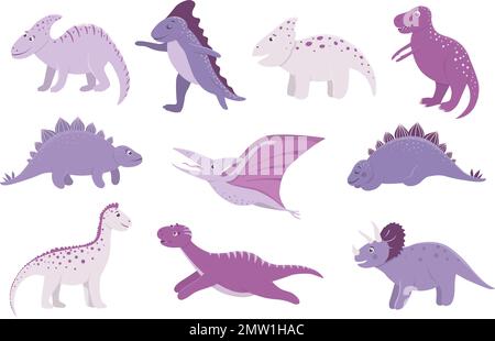 Vector set of cute pink and purple dinosaurs for children. Dino flat cartoon characters. Cute prehistoric reptiles illustration. Stock Vector