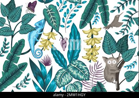 Vector seamless background with tropical plants, insects and animals. Exotic jungle repeating pattern with chameleon, tarsier, bird of paradise, butte Stock Vector