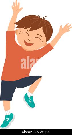 Vector smiling boy jumping with joy and happiness with his hands up. Joyful, delighted, happy kid character. Hilarious child picture for children’s de Stock Vector