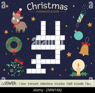 Vector Christmas crossword puzzle. Bright and colorful winter quiz for children. Educational New Year activity with deer, wreath, mistletoe, ball, can Stock Vector