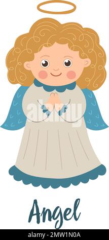 Vector Angel with curly golden hair and halo. Cute winter saint character illustration isolated on white background. Funny flat style picture for Chri Stock Vector