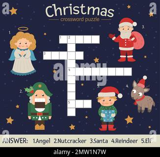 Vector Christmas crossword puzzle. Bright and colorful winter quiz for children. Educational New Year activity with Santa Claus, Angel, Nutcracker, El Stock Vector