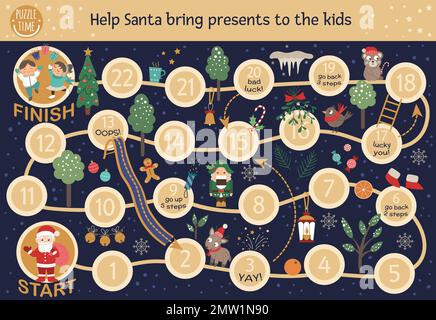 Christmas adventure board game for children. Educational winter holiday boardgame. Puzzle with Santa Claus, deer, Nutcracker, birds, trees, snowflakes Stock Vector