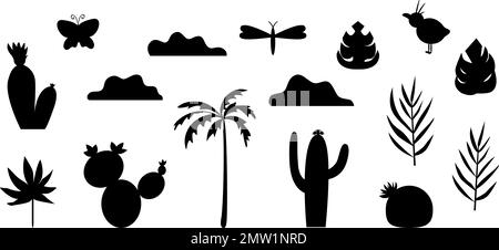 Vector set of tropical silhouettes. Black and white illustration of palm tree, cactus, clouds, leaves. Funny cute desert or jungle themed stencils. Stock Vector