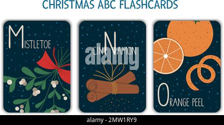 Colorful alphabet letters M, N, O. Phonics flashcard. Cute Christmas themed ABC cards for teaching reading with funny mistletoe, cinnamon, orange peel Stock Vector