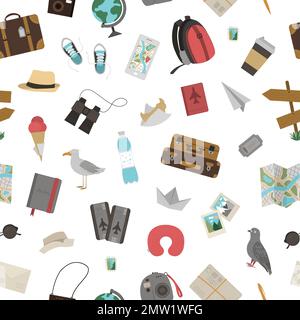 Vector seamless pattern with traveling objects isolated on white background. Trendy journey texture. Travel icons background. Vacation themed repeatin Stock Vector