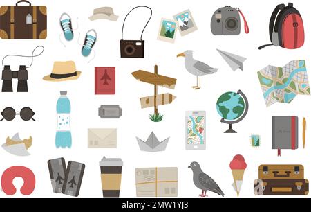 Vector big set of traveling objects isolated on white background. Trendy journey kit. Travel icons collection. Vacation infographic elements pack. Stock Vector