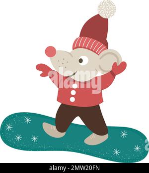 Vector illustration of mouse in clothes snowboarding. Cute woodland animal doing winter activities. Funny forest character with snowboard. Stock Vector