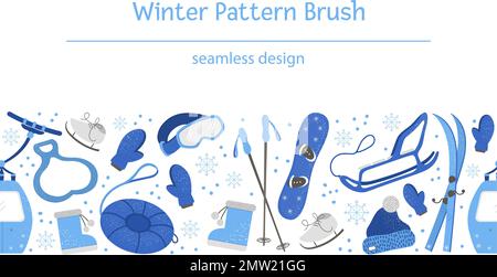 Vector seamless pattern brush with objects for active winter. Cold season sport equipment background. Repeating border with items for spending holiday Stock Vector