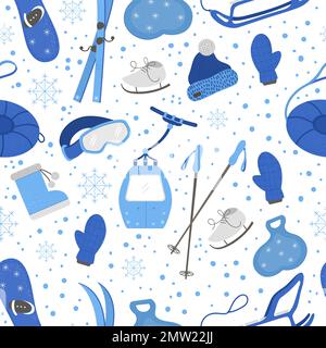 Vector seamless pattern with objects for active winter. Cold season sport equipment background. Texture with items for spending holidays in mountains Stock Vector
