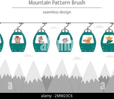 Vector seamless pattern brush with mountains and funicular cable cars with funny animals inside. Winter cute repeating background border. Illustration Stock Vector