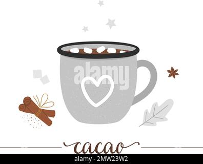 Vector illustration of cocoa in enamel cup isolated on white background. Winter traditional drink. Holiday hot beverage with marshmallow, sugar, anise Stock Vector