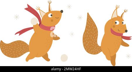 Vector illustration of squirrels in scarves playing snowballs. Cute woodland animals doing winter activities. Funny forest characters. Stock Vector