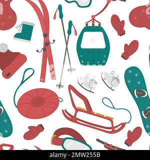 Vector seamless pattern with objects for active winter. Cold season sport equipment background. Texture with items for spending holidays in mountains. Stock Vector