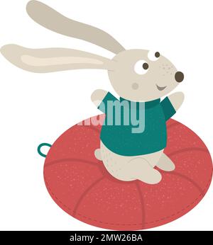 Vector illustration of rabbit in sweater tubing. Cute woodland animal doing winter activities. Funny forest character with tube. Stock Vector