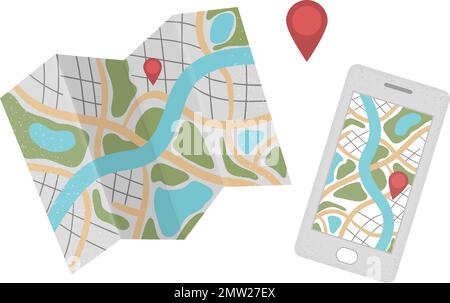 Vector flat illustration of mobile phone with map and location sign. Trendy flat colored smartphone and travel guide icon. Traveling object isolated o Stock Vector