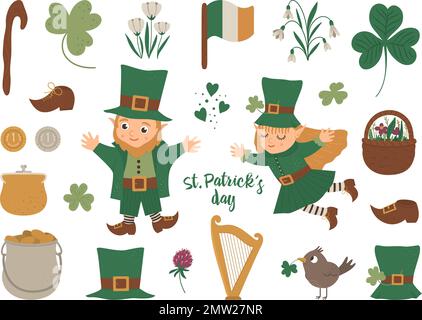 Vector set of St. Patrick’s Day symbols. National Irish holiday icons isolated on white background. Cute funny flat leprechaun in green clothes with s Stock Vector