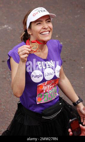 Elen Rives at the finish line following the 2011 Virgin London Marathon. London, UK. 04/17/11. Stock Photo