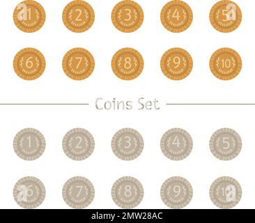 Vector set of cartoon style coins. Silver and gold money symbols isolated on white background. Illustration with numbers for counting, math or busines Stock Vector