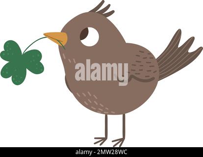 Vector flat funny bird with shamrock in its beak. Cute St. Patrick’s Day illustration. National Irish holiday icon isolated on white background. Stock Vector