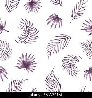 Vector seamless pattern with purple palm tree leaves on white background. Summer tropical repeat exotic backdrop. Jungle ornament. Stock Vector