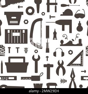 Vector tools silhouettes seamless pattern. Flat black and white illustration with building, carpenter equipment. Woodwork, repair service or craft wor Stock Vector