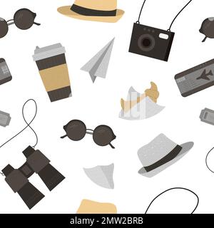 Vector seamless pattern with sun glasses, hat, camera, tickets, binoculars coffee, croissant. Trendy journey texture. Travel objects background Stock Vector