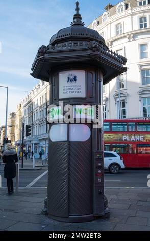 Elaborately styled coin operated public toilet kiosk on Old Brompton Road, South Kensington, London, England, UK Stock Photo