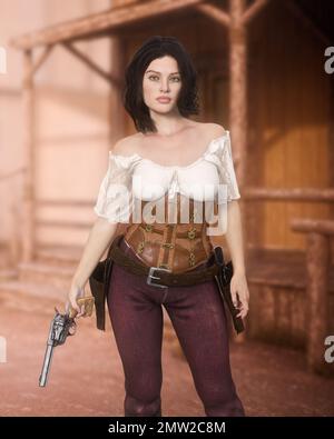 Portrait of an attractive dark haired young woman posing with a revolver in her hand wearing wild west outift in an old western street. 3D illustratio Stock Photo