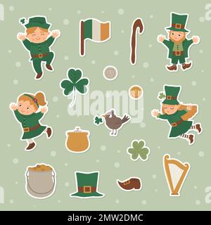 Vector set of St. Patrick’s Day stickers. National Irish holiday symbols. Cute funny flat leprechaun in green clothes with shamrock and traditional ob Stock Vector