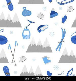 Vector seamless pattern with objects for active winter. Cold season sport equipment repeating background. Texture with items for spending holidays in Stock Vector