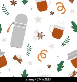 Vector tea seamless pattern. Winter traditional warming drink repeating background. Holiday hot beverage with sugar, anise, thermos bottle, jam jar te Stock Vector