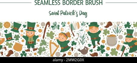 Vector Saint Patrick’s Day seamless pattern brush. Irish holiday themed background. Repeating border leprechaun, shamrock isolated on white background Stock Vector