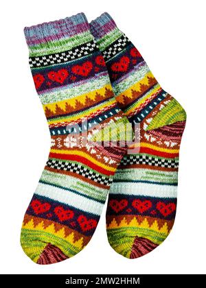 Pair of colorful wool stockings isolated on white background Stock Photo
