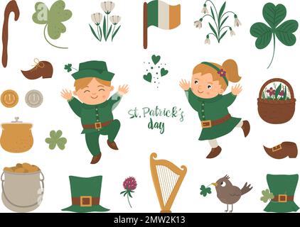 Vector set of St. Patrick’s Day symbols. National Irish holiday icons isolated on white background. Cute funny flat boy and girl in green clothes with Stock Vector