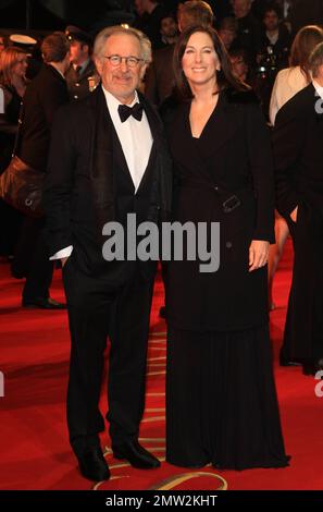 Steven Speilberg and Kathleen Kennedy at the UK premiere of Steven Spielberg's new blockbuster 'War Horse' held in London's Leicester Square. The premiere was attended by 600 serving and ex-serving military personnel and their families, as well as beneficiaries of military charities. London, UK. 8th January 2012. Stock Photo