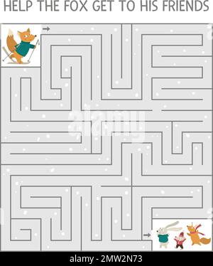 Winter maze for children. Preschool Christmas activity. New Year puzzle game with animals. Help the fox get to his friends. Stock Vector