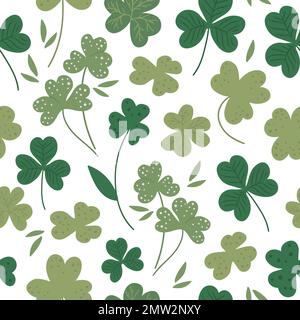 Vector seamless pattern with flat shamrock leaves. Cute spring background. Saint Patrick’s day’s symbol. Irish national holiday concept. Green plant t Stock Vector