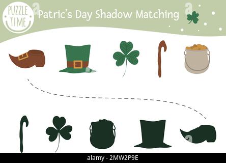 Saint Patrick’s Day shadow matching activity for children. Preschool Irish holiday puzzle. Cute spring educational riddle. Find the correct silhouette Stock Vector