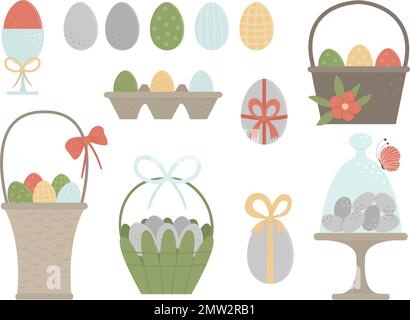 Vector set of colored eggs, baskets, egg-cup, packaging with bows, butterfly and flowers. Easter traditional symbols and design elements. Collection o Stock Vector
