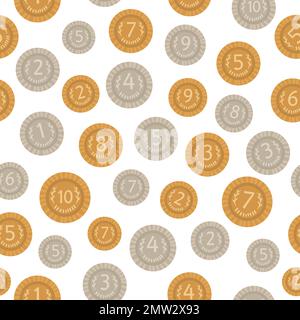 Vector seamless pattern with cartoon style coins. Silver and gold money symbols background. Illustration with numbers for counting, math or business a Stock Vector