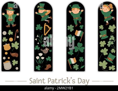 Vector Saint Patrick’s Day set of bookmarks for children. Cute leprechaun, fairy, shamrock on black background. holiday themed vertical layout card te Stock Vector