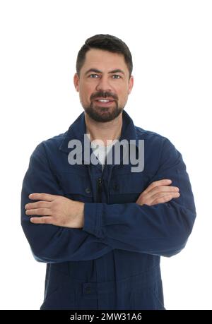 Portrait of professional auto mechanic on white background Stock Photo