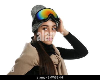 Woman wearing stylish winter sport clothes on white background Stock Photo