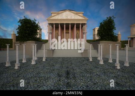 Paved plaza in front of an ancient Roman temple building with steps leading up to the entrance and tall columns. 3D rendering.